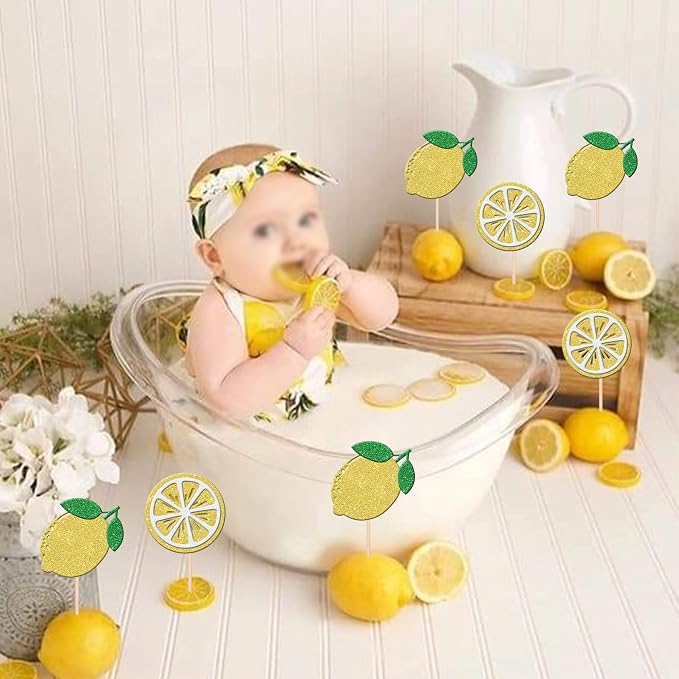 24 PCS Lemon Cupcake Toppers Glitter Fruit Theme Lemonade Party Cupcake Picks for Lemon Theme Baby Shower Wedding Engagement Bridal Shower Birthday Main Squeeze Party Cake Decorations Supplies