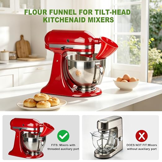 Flour Funnel for KitchenAid Mixer – Plastic Attachment for 4.5-5 Quart Tilt-Head Stand Mixer, Durable & Dishwasher Safe, Mess-Free Baking Tool, Kitchen Aid Accessories, Red
