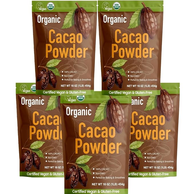 452g/5pack, (5 Lbs - 80 Oz), Premium Organic Cacao Powder - 100% Pure Unsweetened Cocoa for Professional Baking & Desserts, Dutch-Processed, Rich Flavor, Certified Vegan ﻿