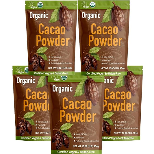 452g/5pack, (5 Lbs - 80 Oz), Premium Organic Cacao Powder - 100% Pure Unsweetened Cocoa for Professional Baking & Desserts, Dutch-Processed, Rich Flavor, Certified Vegan ﻿