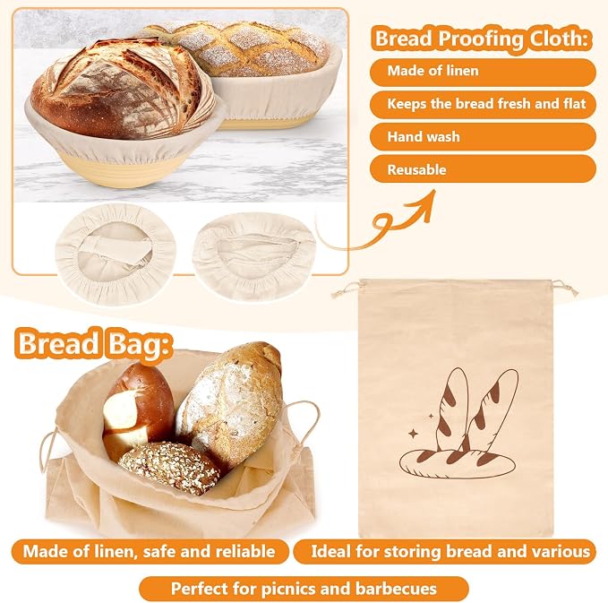 10PS Banneton bread proofing basket Set - 9" Round & 10" Oval Silicone sourdough basket with sourdough tools - Includes proofing basket, lame, scraper, liner - Foldable, Hygienic for Beginners & Pros