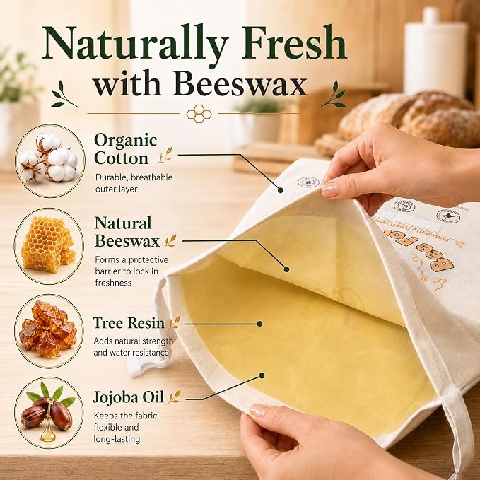 Beeswax Bread Bags for Homemade Bread Sourdough, 2 Pack XL Organic Cotton Linen Beeswax Bread Bag, Reusable Food Storage with Dry Erase Strip, Keeps Fresh, Freezer Safe, Easy Wash, Eco-Friendly