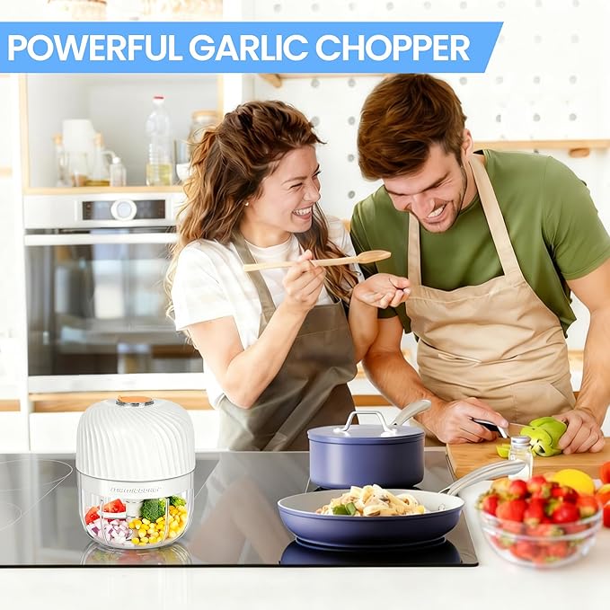 Electric Garlic Chopper 255ML, Mini USB Rechargeable Veggie Chopper, Cordless Garlic Mincer Onion Chopper Food Chopper for Ginger Chili Meat Sauce, Wireless Food Processor, White
