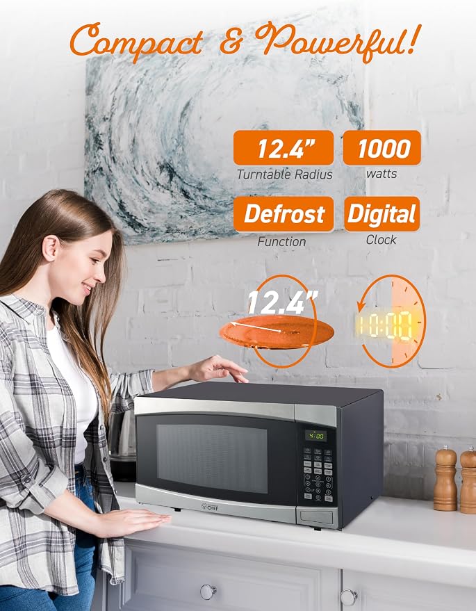 COMMERCIAL CHEF 1.6 Cubic Foot Microwave with 10 Power Levels, Small Microwave with Push Button, 1000 Watt Microwave with Digital Control Panels, Countertop Microwave with Timer, Stainless Steel
