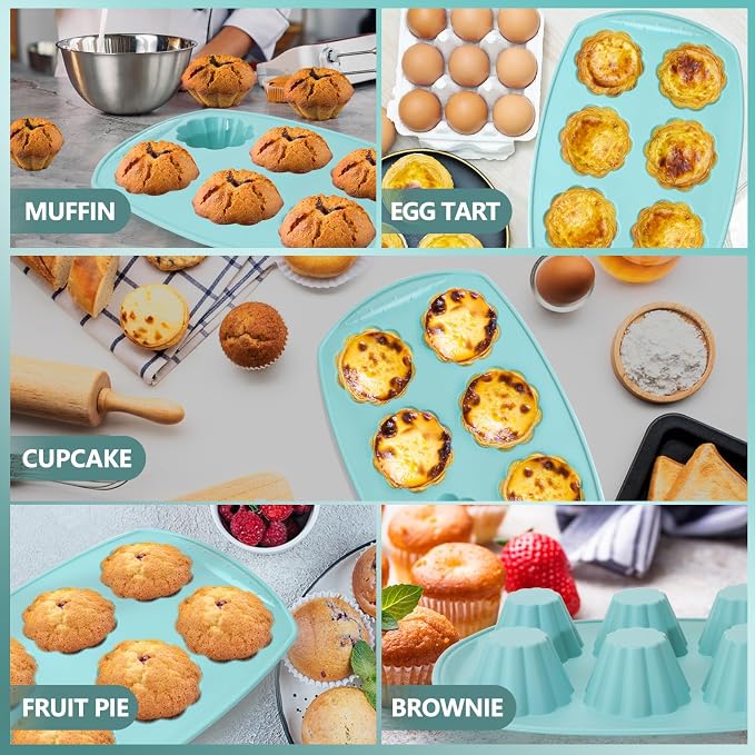 6-Cavity Silicone Muffin Pan, Flower Shape Non-Stick Baking Mold for Cupcakes, Egg Tarts, Fruit Pies, Brownies, Oven & Dishwasher Safe (-104°F to +446°F), BPA-Free Flexible Bakeware