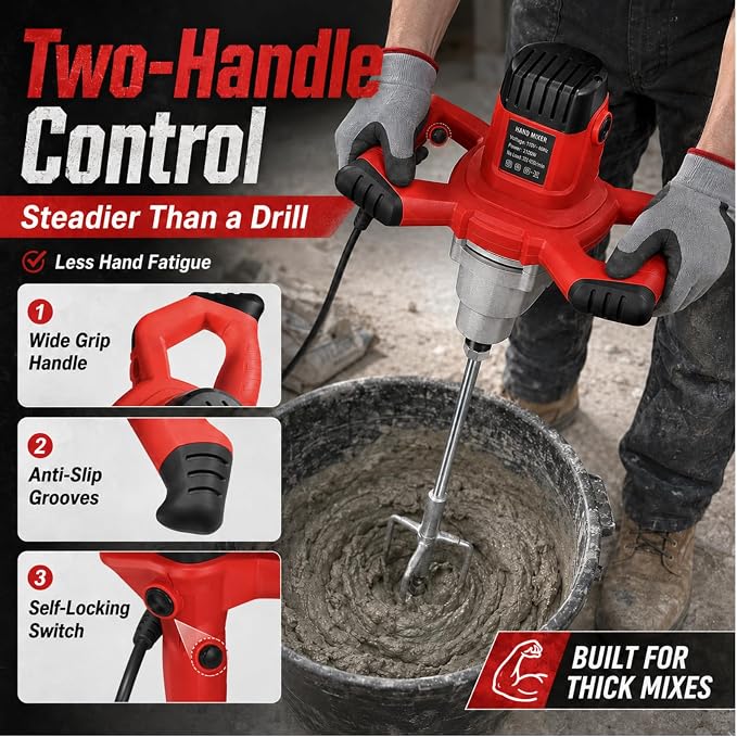 2100W Cement Mixer, 110V 6-Speed Handheld Electric Concrete & Mortar Mixer with Paddle, Copper Motor Mud Mixer for Paint, Grout, Thinset, Drywall Mud, Self-Leveling Cement and DIY Home Projects