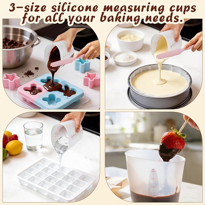 Food-Grade Silicone Measuring Cups with 3Pcs BPA Free Measuring Cups (1/2Cup/1Cup/2Cup) and 3Pcs Reusable Jar Spatulas, Non-Stick Chocolate Melting Cup for Home Baking