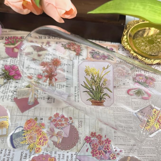 50 Pcs PET Transparent Gold Foil Flower Stickers, Waterproof Vinyl Floral Decals for Laptop Skateboard Luggage, Elegant Flower-Themed Stickers Gift for Teens Adults(Flower-sl)