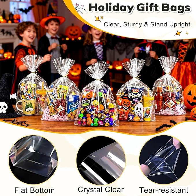 PigPotParty Cellophane Bags 10x14 Inch, 50 Pack Clear Plastic Gift Bags with Bottom Gusset for Stand-Up Display, Medium Cello Wrap for Large Goodies, Treats, Party Favors, Mugs, Includes 50 Ties