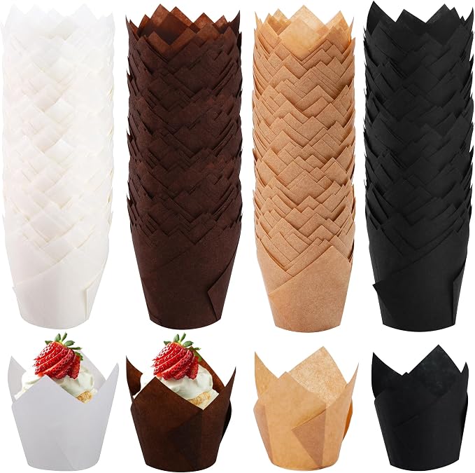 Ruisita 150 Pcs Mini Cupcake Liners Muffin Liners Baking Cups | Tulip Cupcake Liner for Baking Wedding, Birthday, Baby Shower Parties, Brown, Natural, White, Black