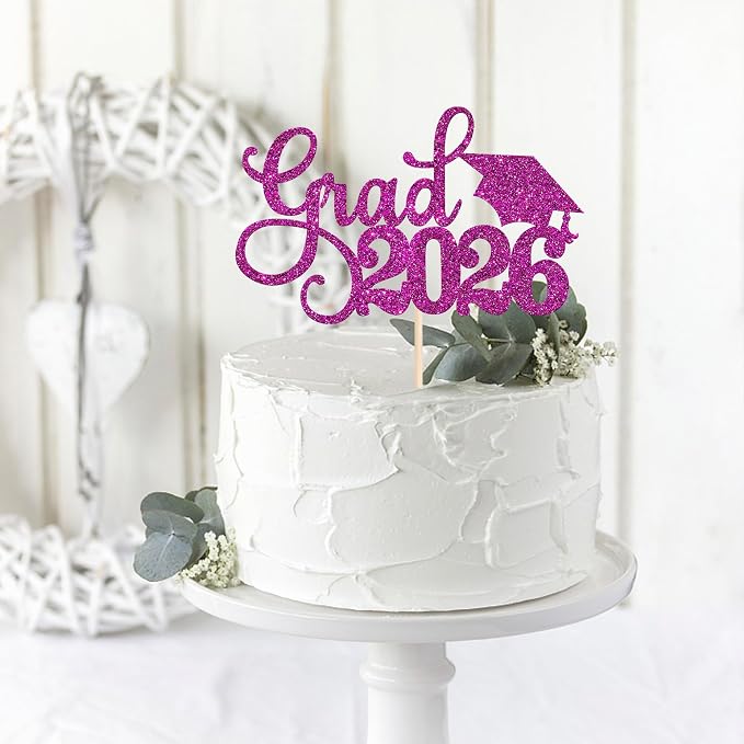 1 Pack Grad 2026 Cake Topper with Glitter Congrats Grad Cap Class of 2026 Cake Pick Decorations for 2026 Graduation Theme School Boys Girls Graduate Party Supplies Purple