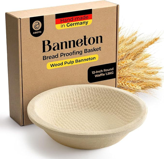 Wood Pulp Banneton Bread Proofing Basket – 12" Round 3.3LB Brotform with Waffle Pattern – Non-Stick Natural Wood Pulp Pressed for Durability– Made in Germany Proofing Basket for Sourdough Bread Baking