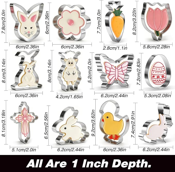 Easter Cookie Cutter Set, 12 Pieces Easter Bunny, Egg, Bunny Face, Lamb, Butterfly, Carrot, Chicken etc. Shapes, Metal Biscuit Molds for Spring/Holiday Baking