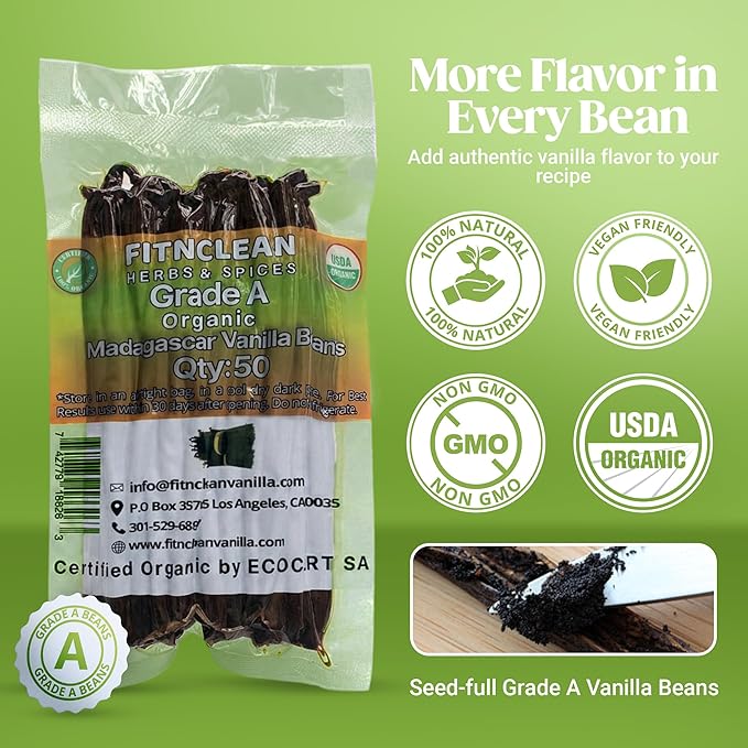 50 Organic Grade A Madagascar Vanilla Beans. Certified USDA Organic for Extract and All Things Vanilla. ~5" by FITNCLEAN VANILLA. Bulk Fresh NON-GMO Pods.