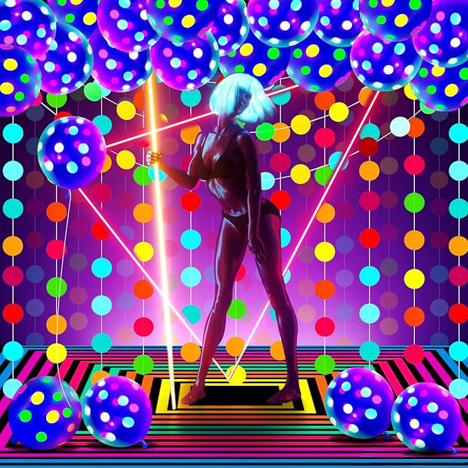 Skylety 32 Pcs Glow in The Dark Party Supplies Neon Party Favors with 25 Fluorescent Balloon 6 Rolls 98.4 ft UV Blacklight Luminous Tape 14.4 ft Neon Streamer Garland for Adults(Clear Big Dot)
