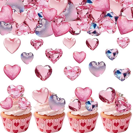 56PCS Edible Crystal Heart Cupcake Toppers Wafer Paper Pink Diamond Heart Cupcake Picks Be Mine Cake Decor for Valentine's Day Theme Engagement Party Decoration Supplies