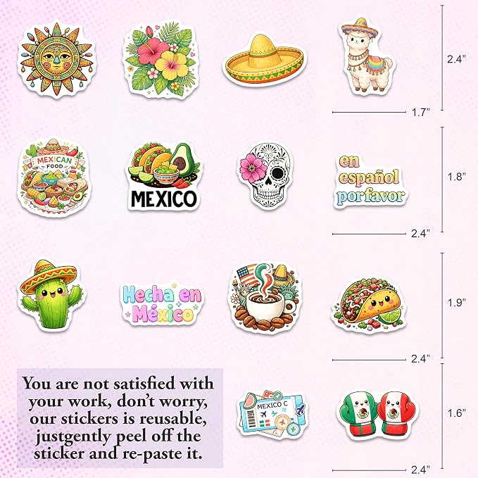 Mexico Stickers 50PCS – Waterproof Vinyl Mexican Decals for Water Bottles, Laptops, Journaling – Non-Repeating Decals, High-Definition Print Gift for Womens