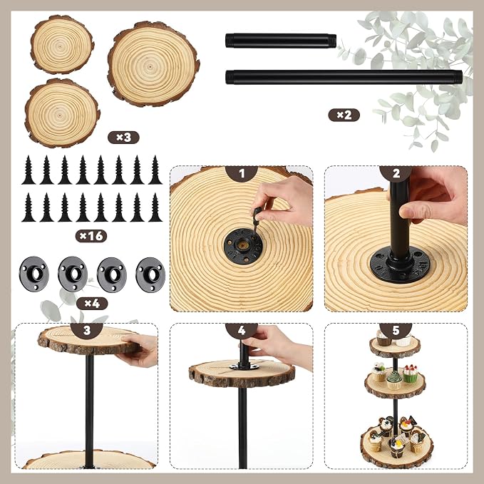Chunful Rustic 3 Tier Round Natural Wood Cupcake Dessert Stand, Cup Cake Tower Stand Holder, Wooden Cake Display Tiered Centerpiece for Party, Birthday, Wedding, Baby Shower, Holiday Decoration