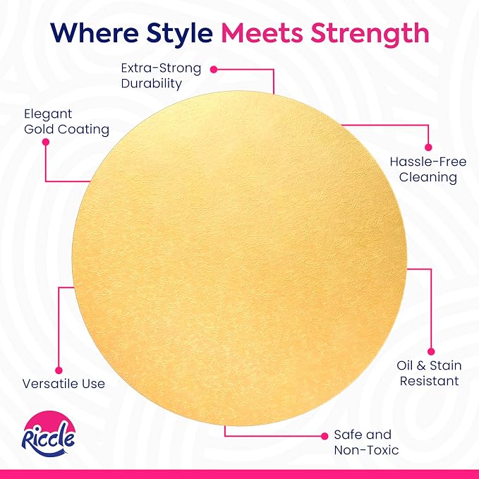 RICCLE Cake Boards - 12 Inch Cake Drum - Smooth-Edged Pack of 6 Cake Drums - Sturdy Cake Boards Round - Bend Resistant Multi-Layered Cake Base for Minimalist Displays (Gold)