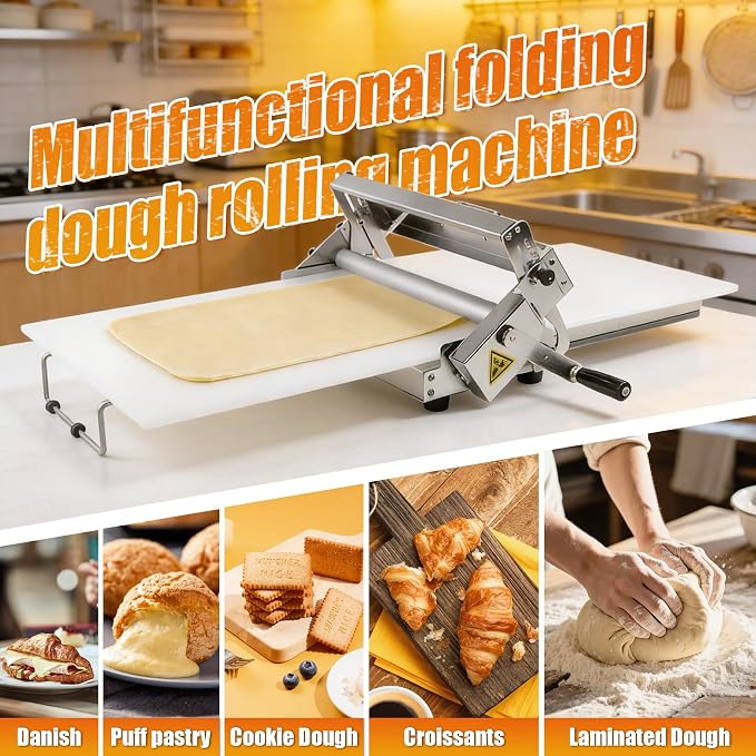 Folding Dough Sheeter (15.5")，Folding Dough Rolling Machine，Manual Dough Sheeter，Stainless Steel Dough Machine With 55 Adjustable Thicknesses, Commercial Grade Capacity (1 Rolling Surface)