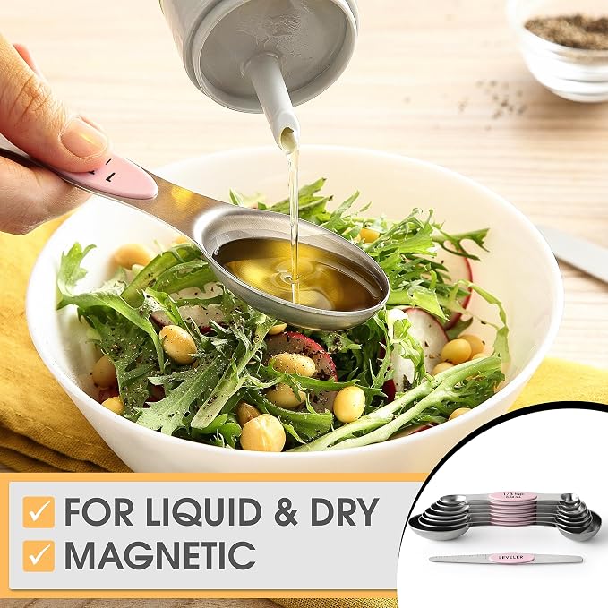 Spring Chef Stainless Steel Magnetic Measuring Spoons Set of 8 with Leveler, Dual Sided Teaspoon & Tablespoon Measuring Spoons with Strong Magnets, Kitchen Gadgets for Baking & Cooking - Pink Lemonade