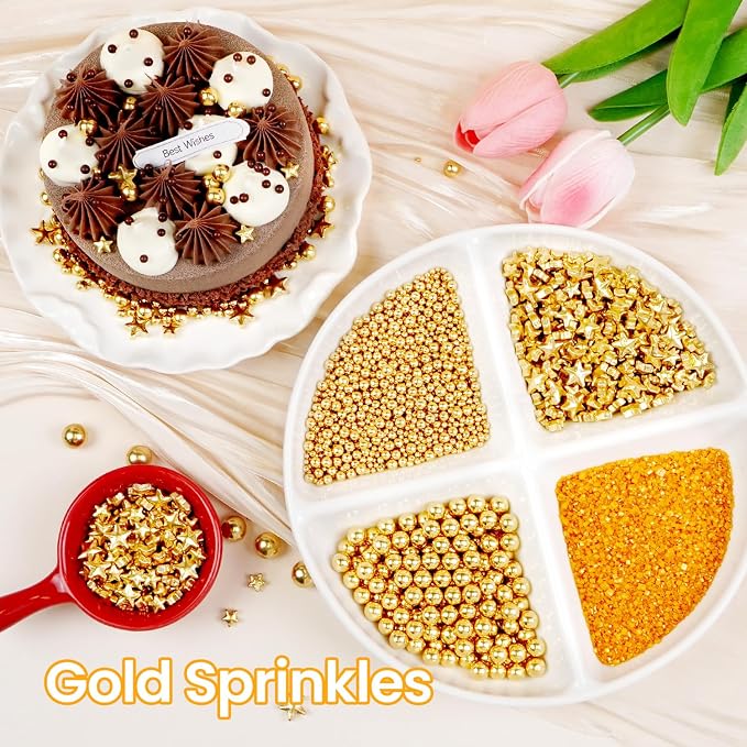 Edible Gold Pearl Sprinkles for Cake Decorating, 160g/5.64oz, Gold Sugar Sanding and Star Sprinkles for Cupcake, Cookie, Baking Cake Decorations, Holiday, Wedding Party, Valentine's Day Supplies