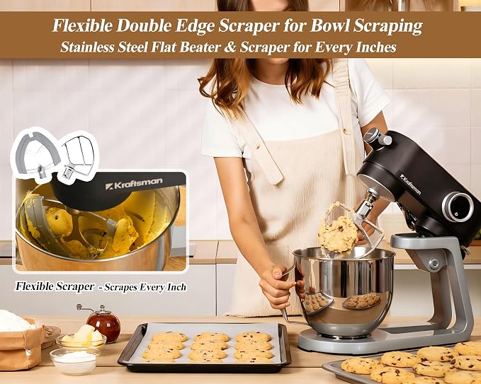 All Metal Stand Mixer DC Motor - 5.3 QT Heavy Duty Pizza Dough Mixer with 4 Stainless Steel Attachments, Quiet Operation with Timer, Verstile Standing Mixer with Power Hub, 8-Speed (Black)