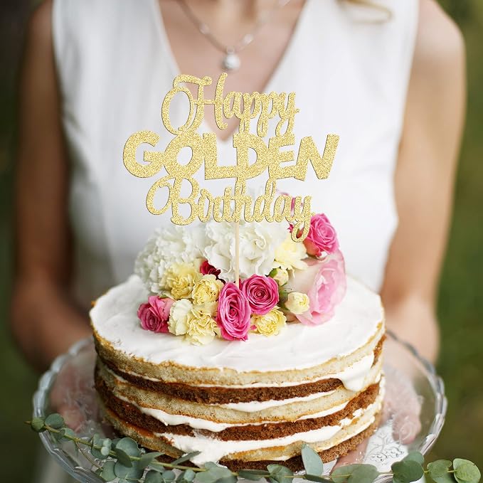 Gyufise 1Pc Happy Golden Birthday Cake Topper 1/10/15/18/21/25/30/40/100th Birthday Cake Topper 50/60/70/80/90th Decorations Golden Party Decorations