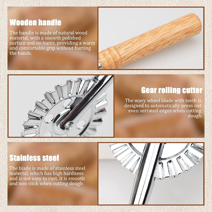 Long Handle Large Cutter Wheel - Exquisite Wooden Handle, Perfect for Pasta, Pizza, Ravioli, Pastry,Cookie - Versatile Crinkle and Biscuit Cutter for Effortless Slicing