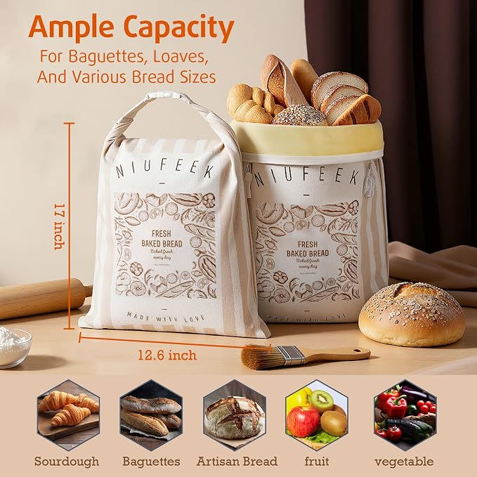 2-Pack Beeswax Bread Bags for Homemade Bread, 12.6 x 17 Inch Reusable Sourdough Bread Bags, Removable Beeswax Lined Food Storage Bag, Zippered Linen bread keeper, Suitable for Fresh and Frozen Storage