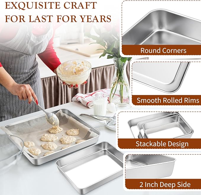 TeamFar Baking Pan Set of 3, 12.5/10.5/9.4 Inch Stainless Steel Deep Sheet Cake Pan for Oven Baking, Rectangle Bakeware Set for Bread/Lasagna/Brownie/Casserole, Healthy & Heavy-Duty, Dishwasher Safe