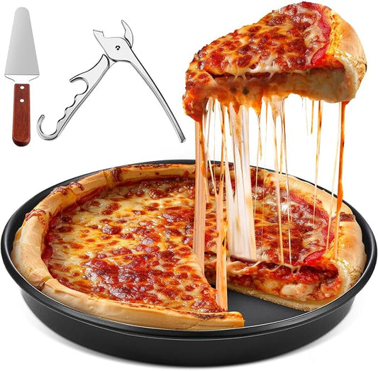 Reallnaive 3 Pcs Round 12 Inch Deep Pizza Pan Baking Tray Include 1 Non-stick Cake Mold, 1 Square Shovel, 1 Tray Clip, Pizza Dish Baking Sheet for Oven