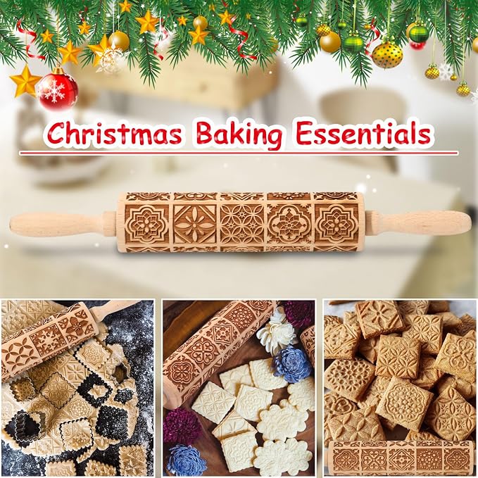 Christmas Embossed Rolling Pin for Baking Cookies Embossing Rolling Pins with Design Wooden Engraved Springerle Roller Pin Dough Patterned Clay Pottery Ceramic Bakers Women (Vintage Square Patterns)