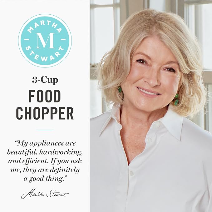 Martha Stewart 3 Cup Electric Food Chopper, Vegetable & Herb Mini Food Processor, 24oz BPA-Free Bowl, Stainless Steel Blades, Pour Spout, Dicing, Mincing, Chop & Puree, Dishwasher Safe, Caviar