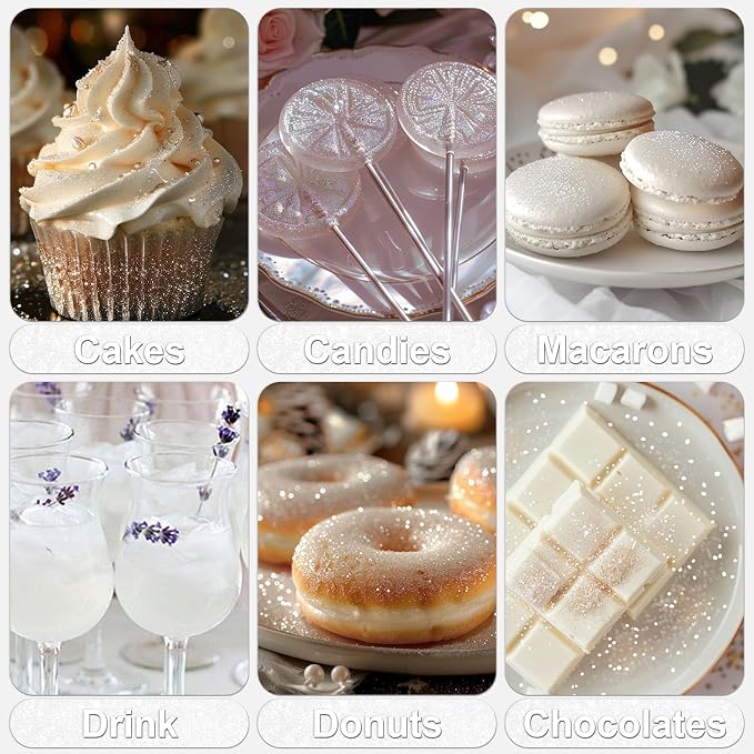 White Edible Glitter - 5g Food Grade Cake Decorating Shimmering Glitter, Edible Sprinkle Luster Dust for Drinks, Chocolates, Fondant, Strawberries, Cupcakes, Candy, Easter Cookie - Vegan