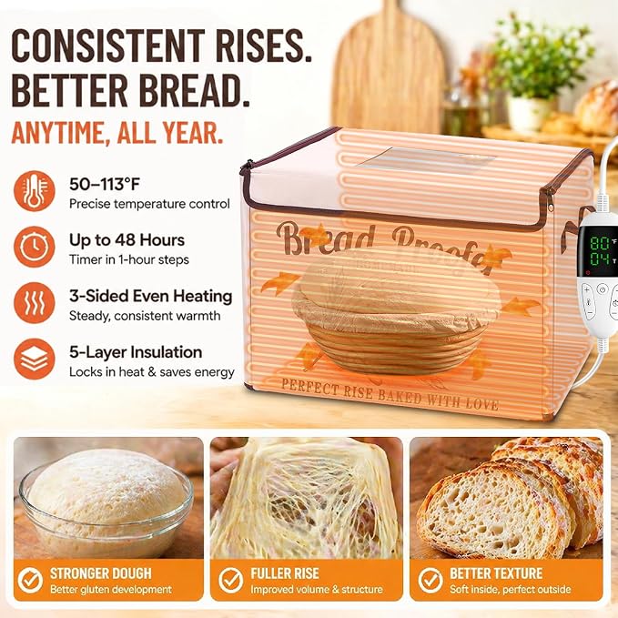 Foldable Bread Proofing Box, Sourdough Proofer Warming Box Yogurt Maker with Lame, Scraper, Metal Rack, Whisk & Silicone Brush | 50–113°F,48H Timer, Home Baking Supplies, Holiday & Housewarming Gifts
