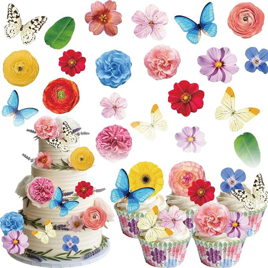 108PCS Edible Flower Cupcake Toppers Wafer Paper Butterfly Floral Baby Shower Cake Decorations Edible Spring Flower Cupcake Toppers for Floral Theme Birthday Party Decoration