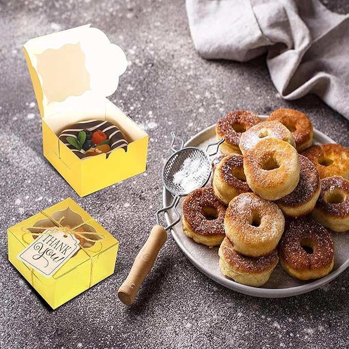 KPOSIYA 120 Pcs Gold Bakery Boxes with Window - 4x4x2.5 Inch Individual Cupcake & Cookie Boxes - Kraft Paper Gold Gift Box for Pastries, Cookies, Pie, Donuts, Macaroon