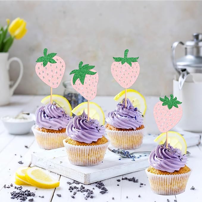 24pcs Glitter Pink Strawberry Cupcake Toppers Berry Strawberry Cupcake Picks for for Strawberry Baby Shower Kids Girls Pink Birthday Sweet Fruit Theme Party Cake Decorations