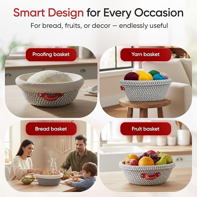 Levainé 2 Pack Cotton Rope Banneton Bread Proofing Basket Set, Round & Oval Sourdough Proofing Baskets with Liners and Covers, Washable Bread Baking Supplies for Homemade Artisan Bread
