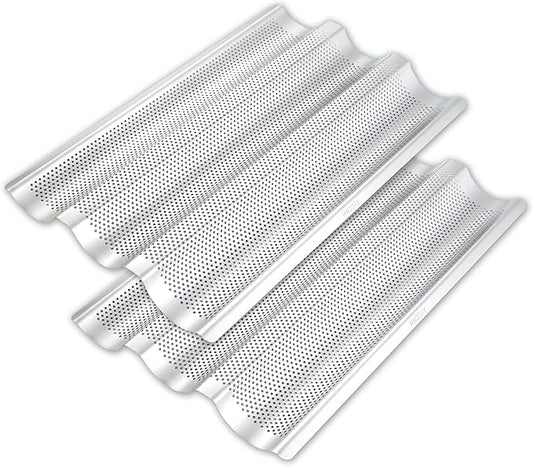AYCCNH 2 Pack Stainless Steel French Baguette Bread Pan, Perforated Loaf Pans for Baking 15"x10", 3 Waves Toaster Oven Baking Tray