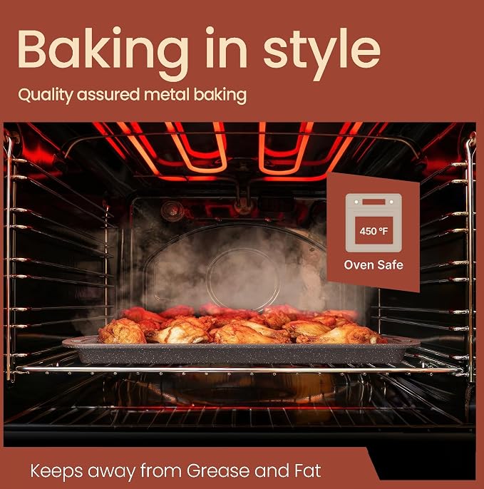 Cookie Sheet with Wire Rack Set, 2-Piece Nonstick Brown Marble Carbon Steel Pan & Cooling Rack, Space-Saving Stackable Set, PFOA, PFOS, PTFE Free, Oven Safe Up to 450°F, 17.4" Pan & 14.7" Rack