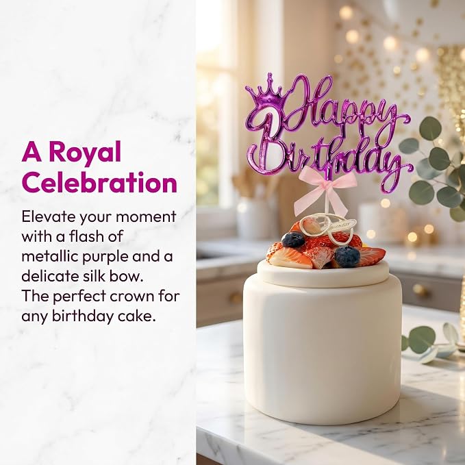 Elegant Acrylic Birthday Cake Topper with Crown & Bow Design - Reusable Decoration for Party, Wedding, Baby Shower (Purple)