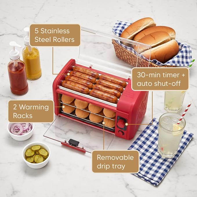 Elite Gourmet 8 Hot Dog Roller & Toaster Oven | 5 Stainless Steel Rollers, 30-Min Timer, Auto Shut-Off, 2 Warming Racks, Bun Warmer, Drip Pan | Cooks Brats, Sausages, Taquitos | Red