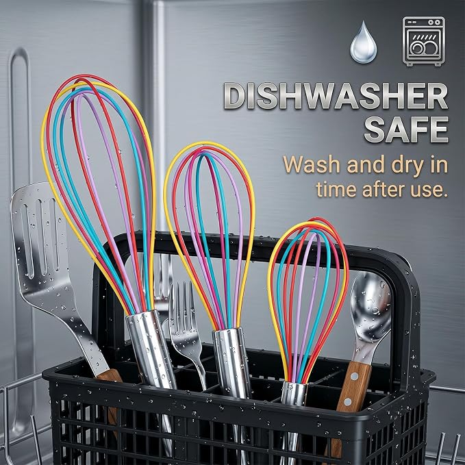 Silicone Whisk,Stainless Steel Wired Wisk Set 8" 10" 12",Heat Resistant 480°F,Perfect for Non-Stick Cookware, Kitchen Whisks for Whisking, Cooking, Baking, Beating & Frothing (Rainbow)