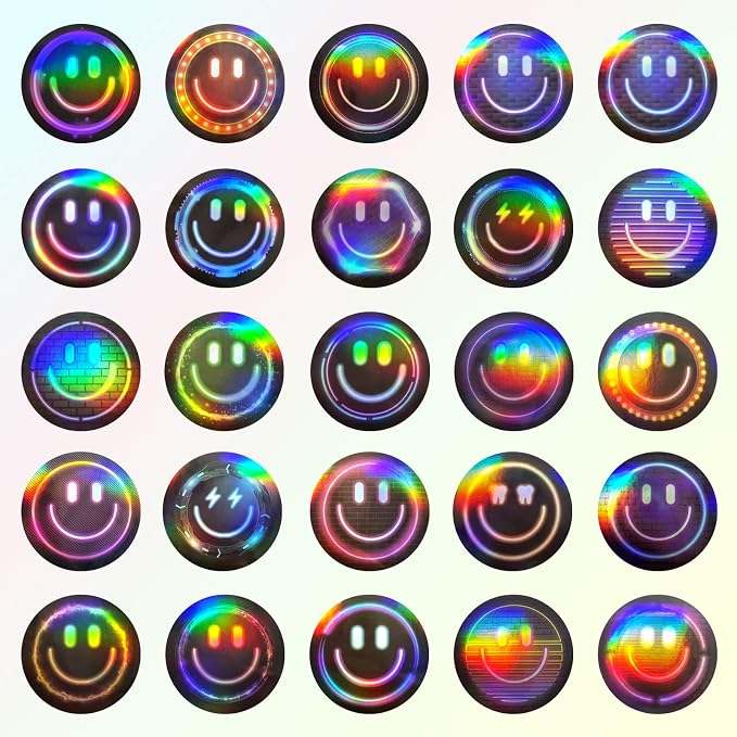 50PCS Smiling Neon Holographic Stickers, Cute Water Bottle Stickers for Kids, for Teaching Rewards, Notebooks, Stationery, Luggage, Cartoon PVC Happy Neon Stickers