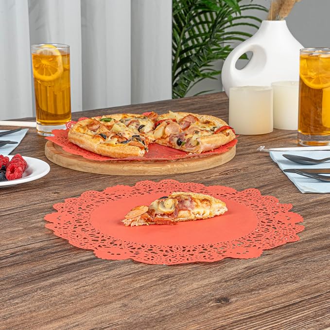 Restaurantware Pastry Tek 12 x 12 Inch Lace Doilies 100 Decorative Tableware Placemats - Disposable Round Red Paper Table Doilies For Birthdays Or Weddings Table Decor