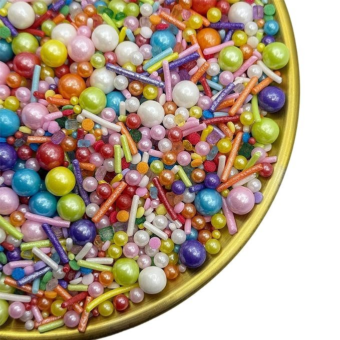 CandiJumpin Rainbow Pearl Sprinkles, Edible Pearls and Jimmies Mix Rainbow Sprinkles Crunchy Jimmies Edible Pearls for Cake Decorating Pearl Decoration for Baking Baby Shower Party Birthday Wedding Christmas Supplies 3 OZ