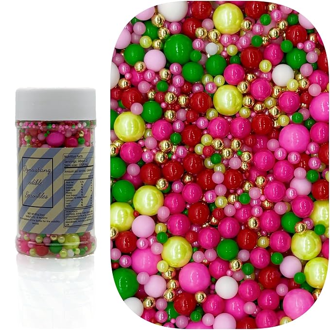 Dynastang Mixed Size Red Series & Pink & Green Pearls Sprinkles Edible Pearls Cake Decorations Cupcake Toppers Decorating Perfect for Cakes, Cupcakes, Desserts 3OZ