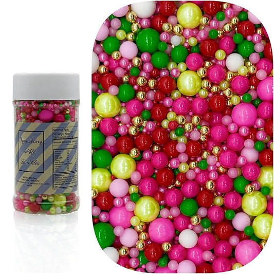 Dynastang Mixed Size Red Series & Pink & Green Pearls Sprinkles Edible Pearls Cake Decorations Cupcake Toppers Decorating Perfect for Cakes, Cupcakes, Desserts 3OZ